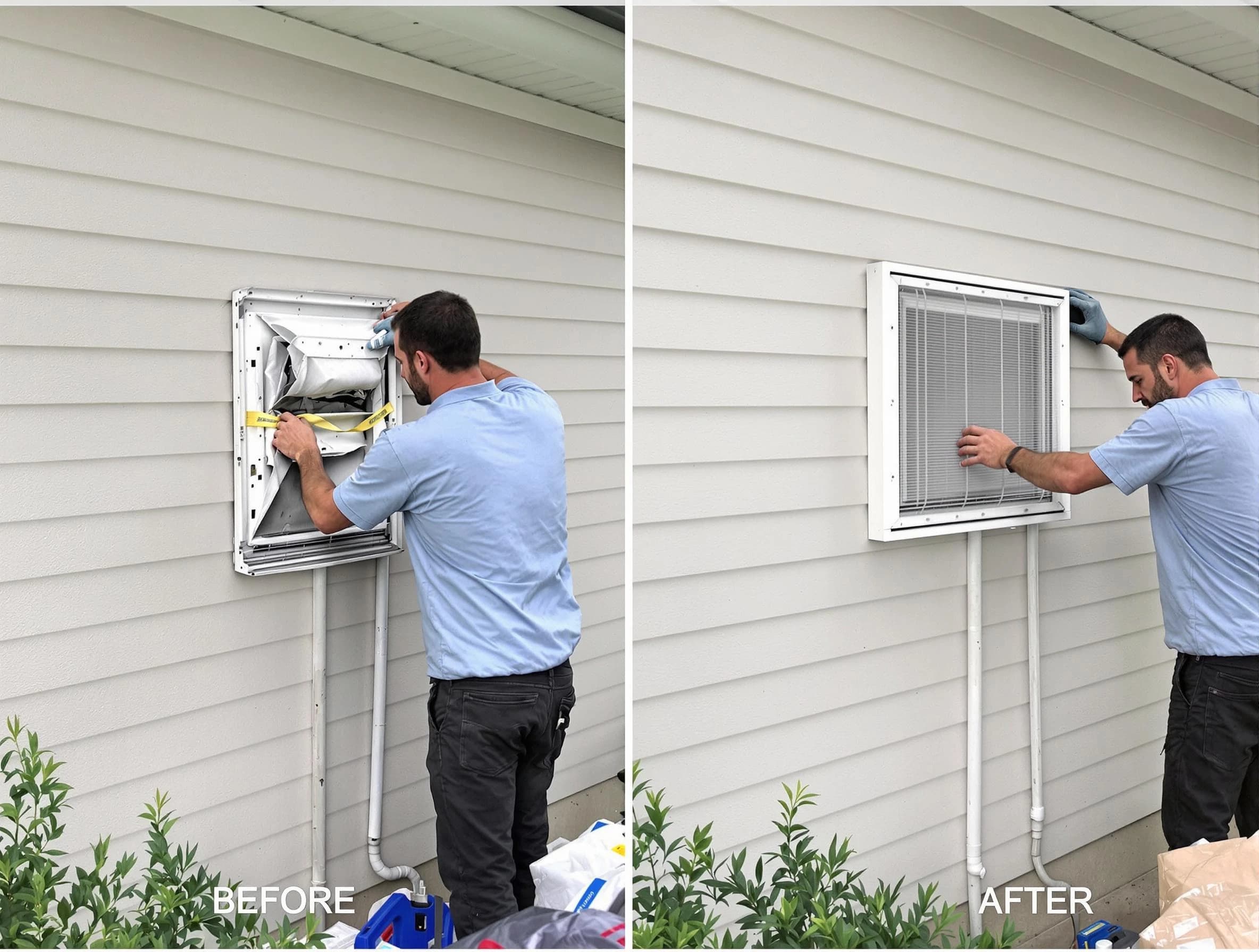 Elk Ridge Dryer Vent Cleaning technician installing high-quality dryer vent cover at a residential property in Elk Ridge